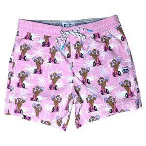 Party Pants Shorts/Swim Trunks (unlined) Men’s Medium Pink Sloths Riding Segways